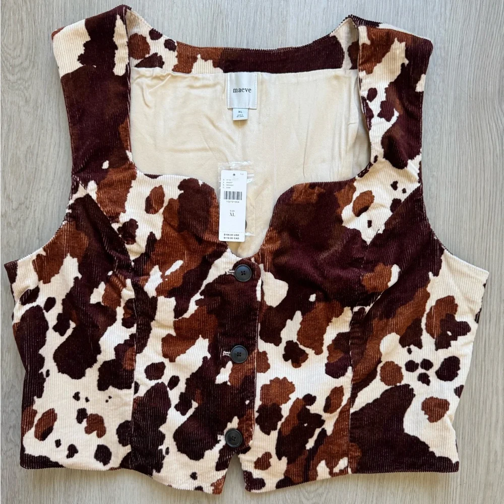 NWT Maeve Anthropologie Cowprint Button Front Brown Cream Corduroy Vest XL - Picture 4 of 11